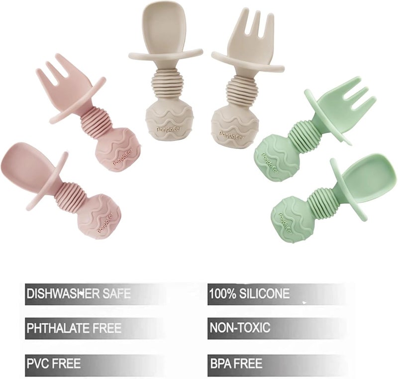PandaEar 6 Pack Silicone Baby Spoons and Fork Feeding Set- Anti-Choke First Self Feeding Utensils for Baby Led Weaning Ages 3 Months (Pink, Green&Linen) - Image 3